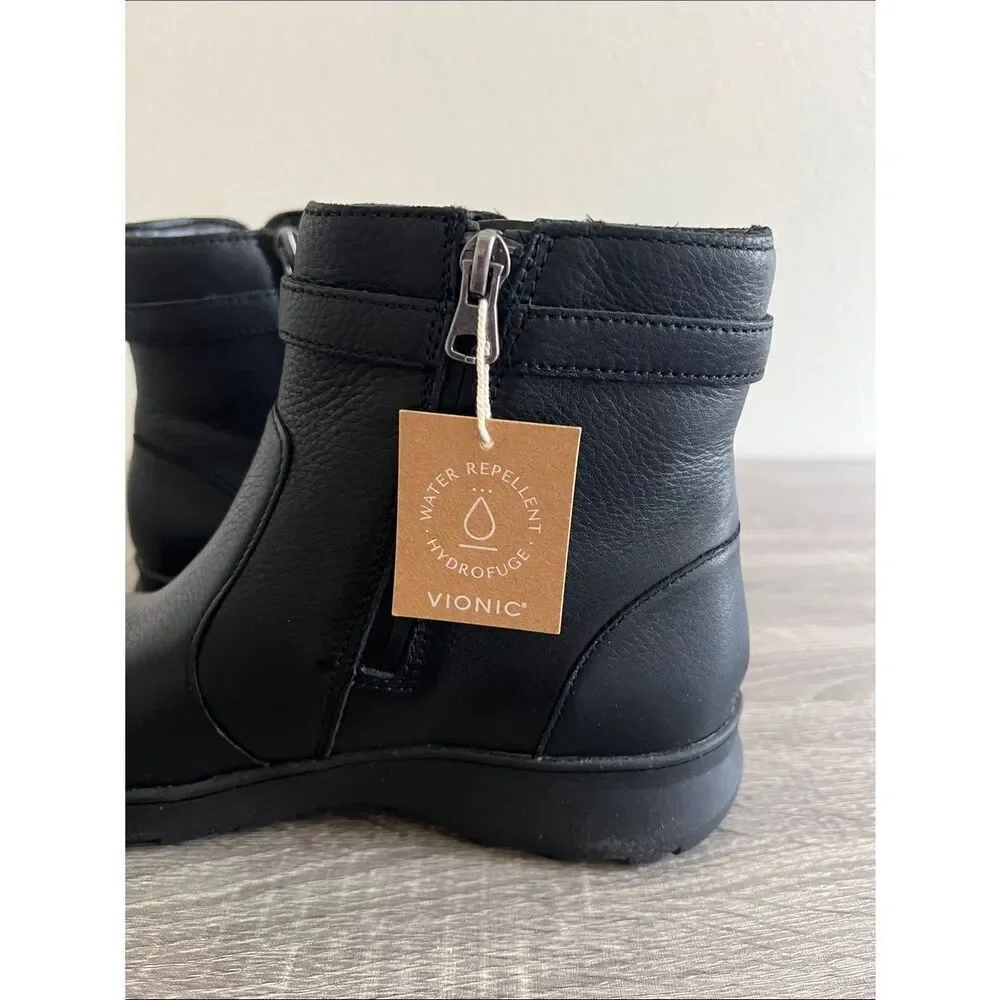 Vionic Redding Black Leather Ankle Boots Women’s Comfort Orthotic Zip Booties 7M